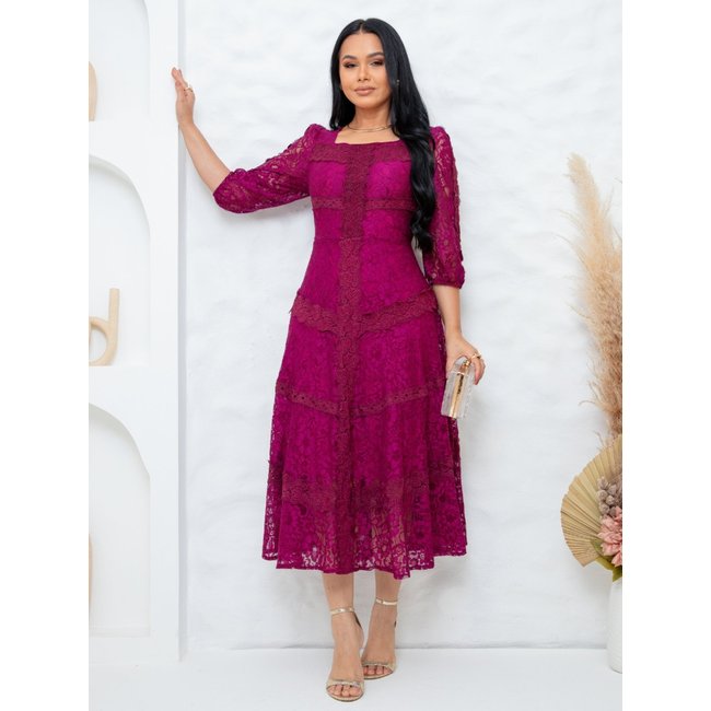 Vestido Midi de Festa Elegante com Manga Decote Quadrado Madrinha Casamento Marsala
