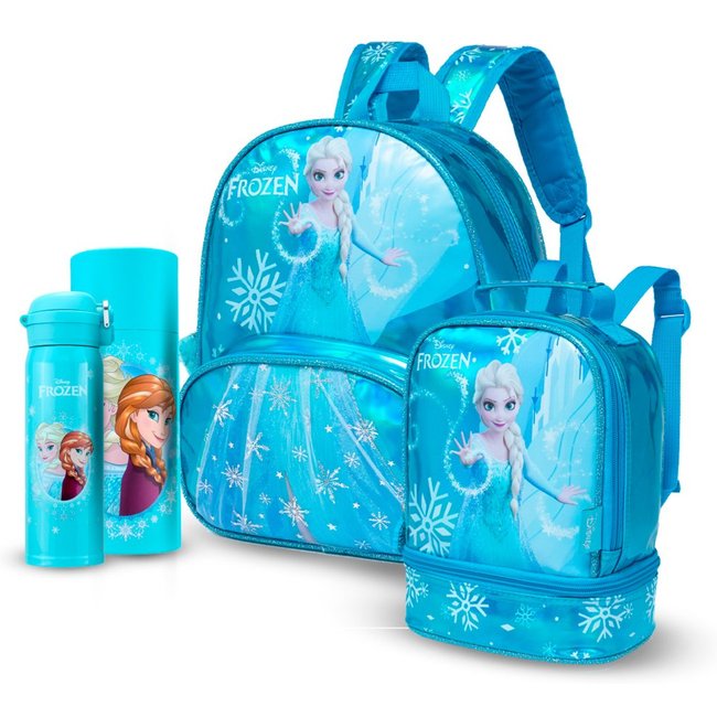 Infantil - Kit Mochila Frozen Garrafa Lancheira Escola Disney Espaçosa