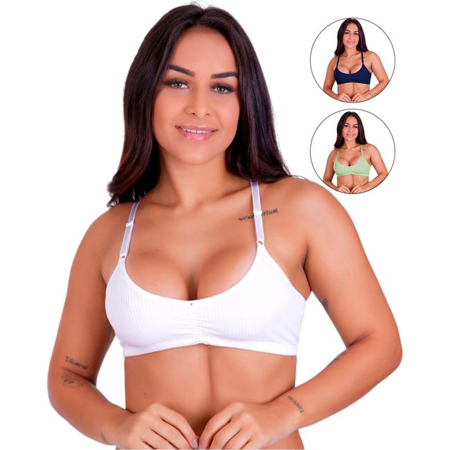 Kit 3 Sutiã Canelado Gabi Lingerie Sem Bojo Microfibra Lingerie Top Conforto Detalhe Franzido Multicolorido