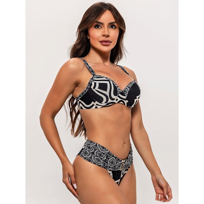 Biquíni Composê Orla da Praia com Bojo Meia Taça e Aro Elegante Estampado Preto