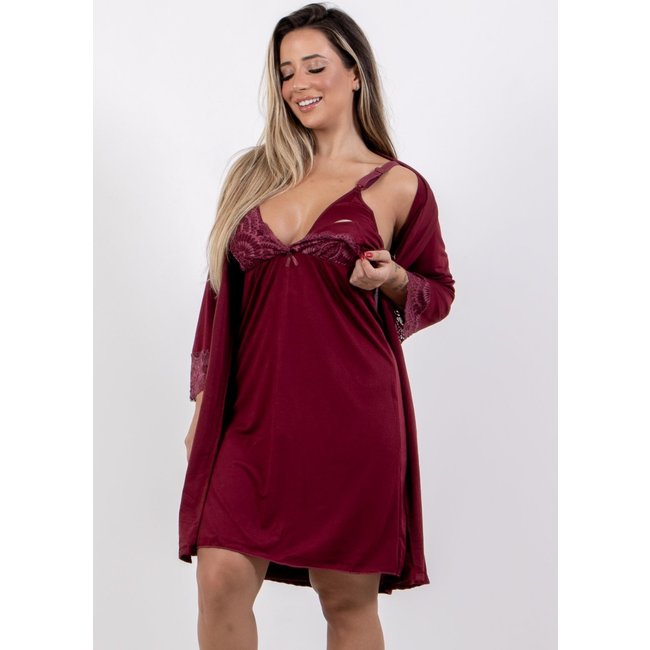 Conjunto Amamentação Feminino 4 Estações Camisola Lisa e Robe Roupão Com Renda Manga Curta Bordô