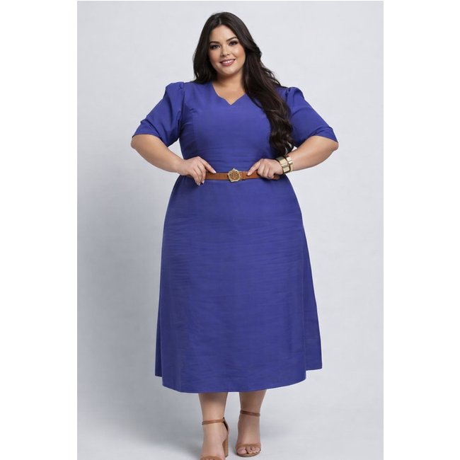 Vestido Midi Plus Size D Bell Outlet Fashion Gola V Com Cinto Azul Escuro