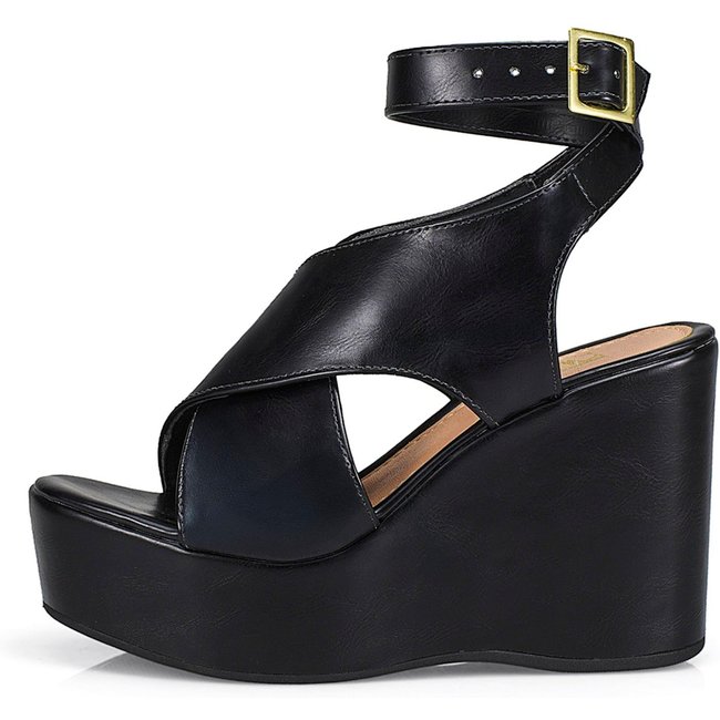Sandália Feminina Lóris Salto Anabela Plataforma Fivela Elegante Confortável Preto 20802