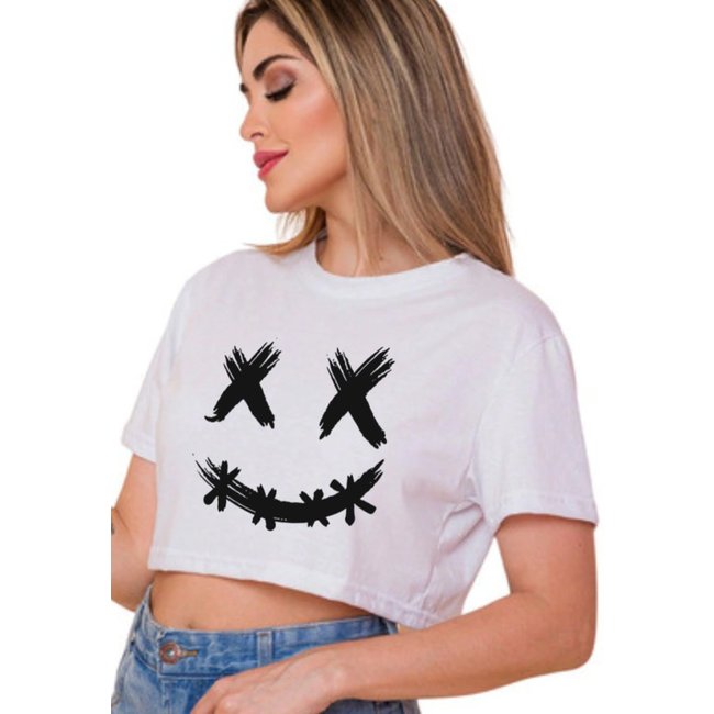 Camiseta Cropped Liso Mooboo Blusa Reta Branca Estampa Smile