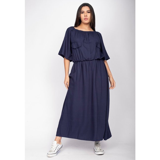 Vestido Midi Cabanafree Ciganinha Viscose com Lapela Azul Marinho