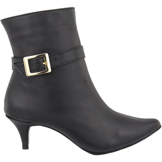 Bota Feminina Bico Fino Cano Curto Salto Baixo 180127 Detalhe em Fivela Napa Preto