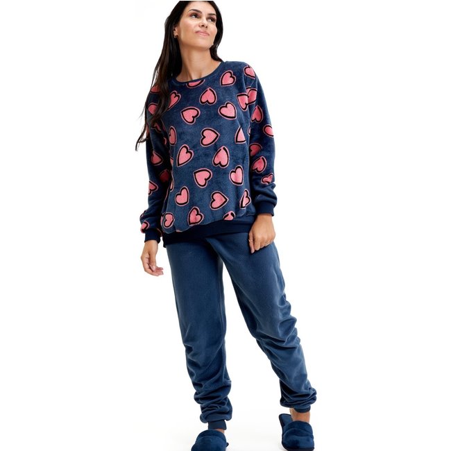 Pijama Longo de Inverno Feminino em Soft Fleece Com Punho Corações Marinho