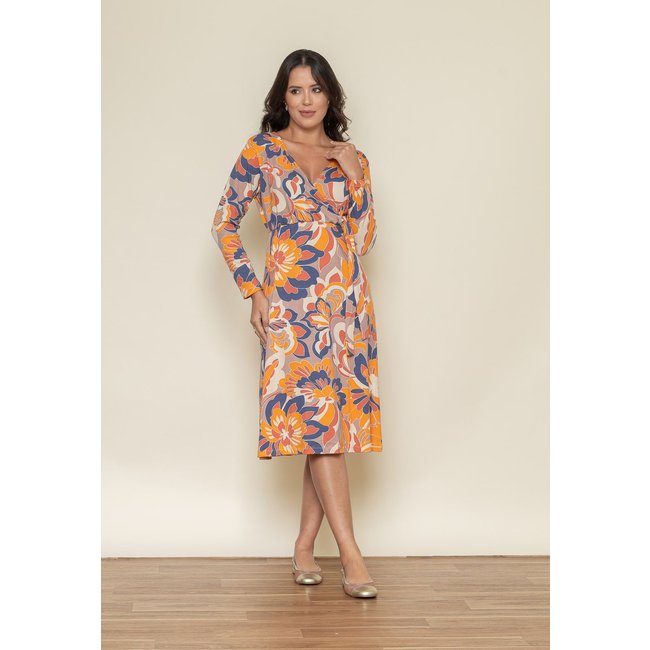 Vestido Aura Manuela Manga Longa Flor Laranja