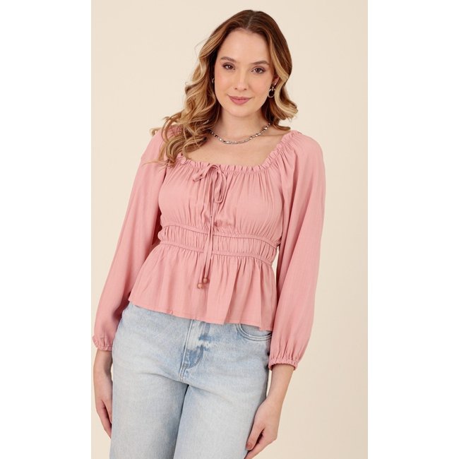 Blusa Pop Me Em Viscose Manga Longa Ombro A Ombro Rosa
