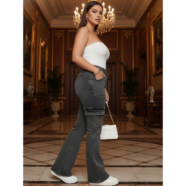 Calça Flare Cargo Avec Feminina Confortável e Elegante Cor Grafite