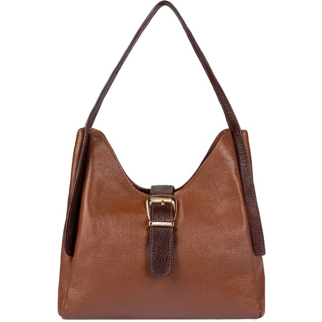 Bolsa de mão em couro liso com fivela Leandra - Whisky/Café