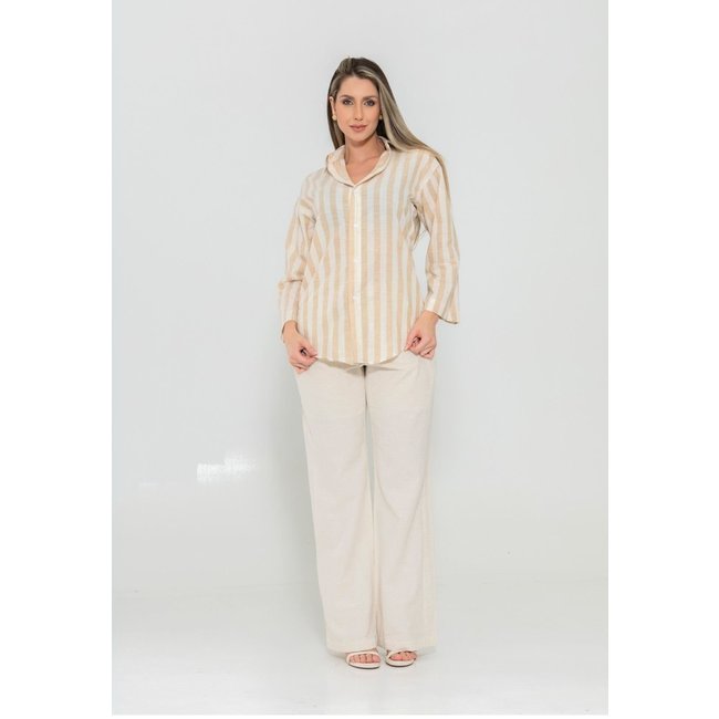 Conjunto Feminino Elegancy Camisa Listrada Manga Longa em Linho Calca Linho Cru - Docce Mulher