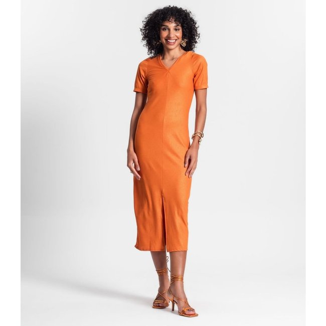 Vestido Midi Ribana Canelada Lurex Rovitex Laranja