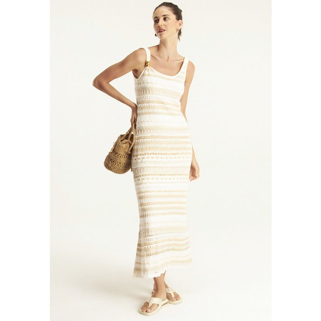 Vestido Tricot Cantão Longo Listrado Off-White