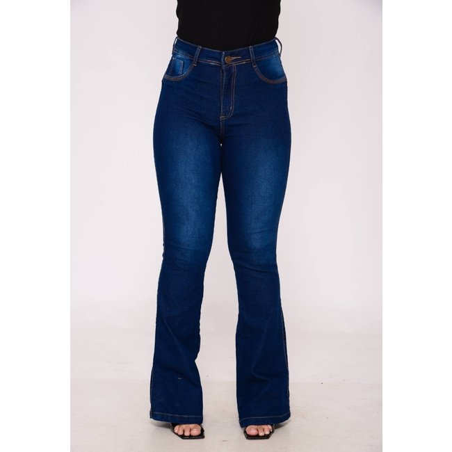 Calça Flare Feminina Ethereal Jeans Cintura Alta Confortável e Estilosa Azul Escuro