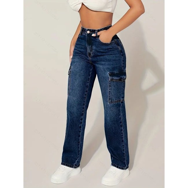Calça Jeans Widleg Cargo Feminina Avec Casual e Basica Ideal Dia a Dia Azul Medio
