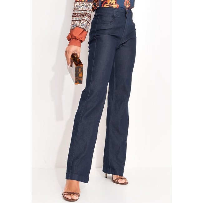 Calça Pantalona Com Bolsos Jeans Escuro Quintess