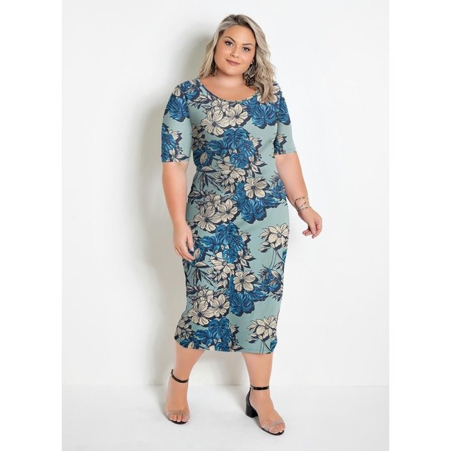 Vestido Midi Plus Size Floral Azul Marguerite
