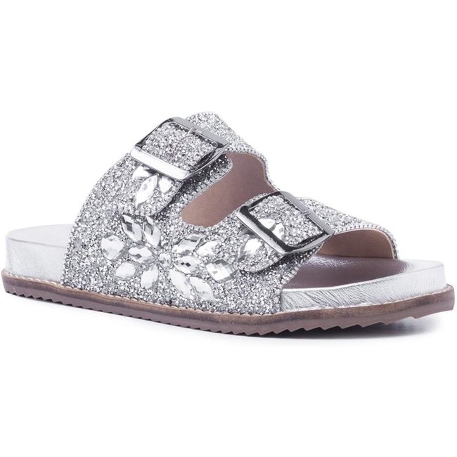 Sandália Feminina Papete Flatform Pedraria Brilho Fivela Preto 33 Prata