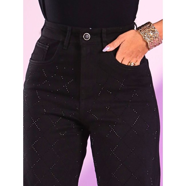 Calça Donna De Paula Wide Leg Preta Com Brilhos E Strass Pretos Cintura Alta Feminina