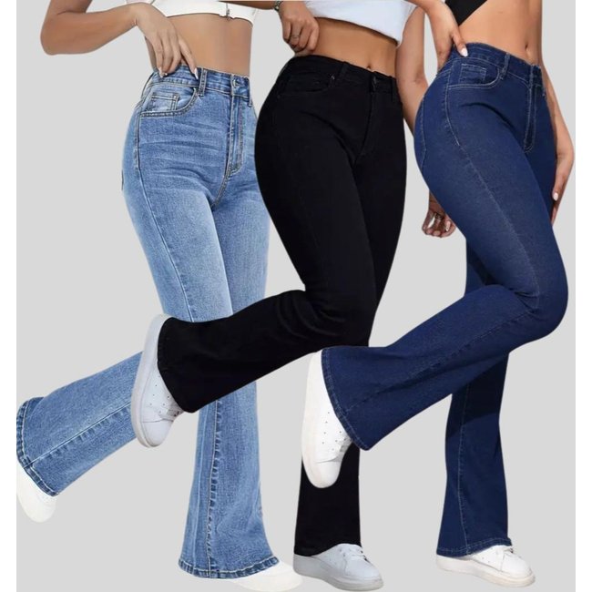 Kit 3 Calças Jeans Femininas Flare Lavagem Clara, Preta e Lavagem Escura Cintura Alta
