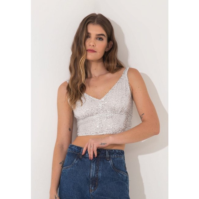 Cropped Traymon Paetê Branco