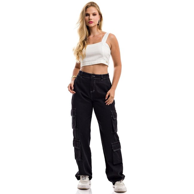 Calça Restrito Jeans Wide Leg Cargo 8 Bolsos Black Linhas Brancas - Preto