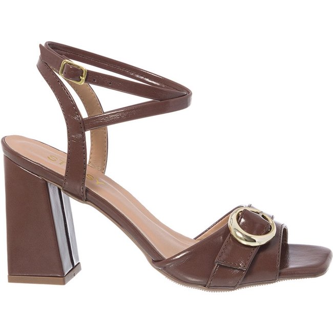 Sandália Feminina Stessy Bico Quadrado Salto Bloco Fivela Luxo Moda Marrom