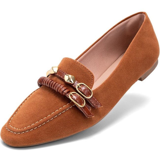 Mocassim Feminino Lumiss Camurça Baixo Bico Redondo Enfeite Metalizado Confortável Caramelo