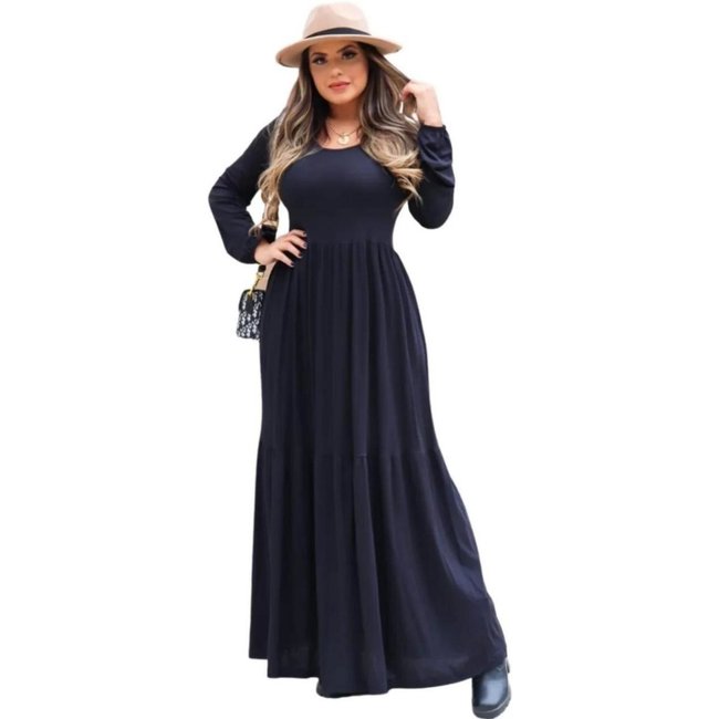 Vestido Liso Longo Manga Longa Outono Inverno Viscolycra Preto