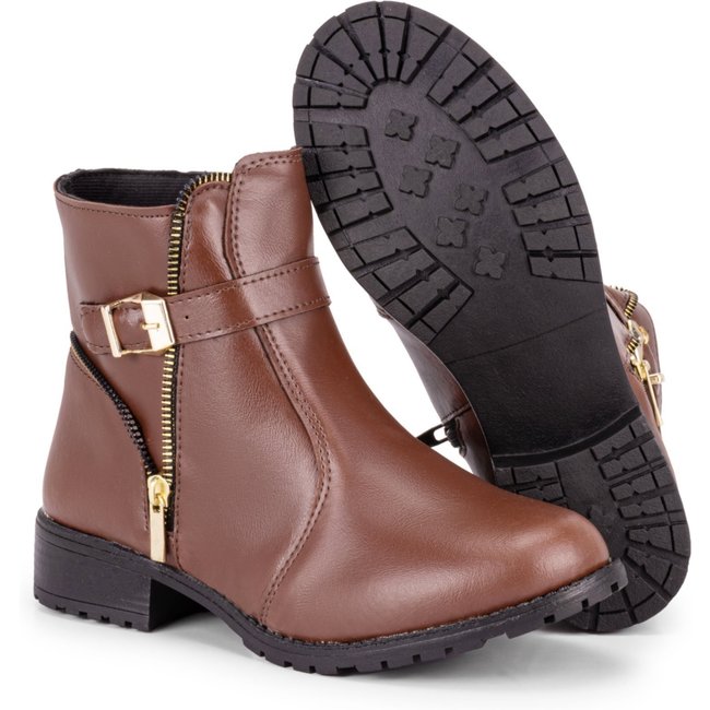 Bota Botinha Feminina Cano Curto Baixo Mr Try Shoes Salto Quadrado Coturno Bico Redondo Marrom