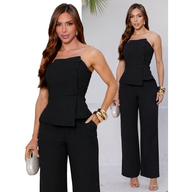 Conjunto Longo Feminino Divina Gata Blusa Tomara que Caia e Calça Pantalona - PRETO