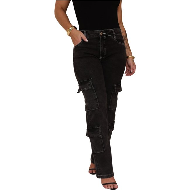 Calça Cargo Feminina Jeans Light Grafite Estilo Street 4 Bolsos