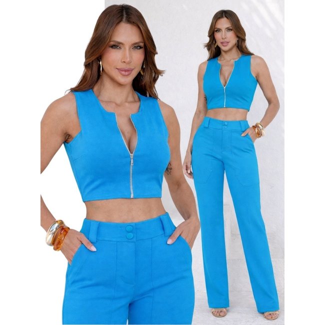 Conjunto Feminino Divina Gata Cropped Calça Azul Céu