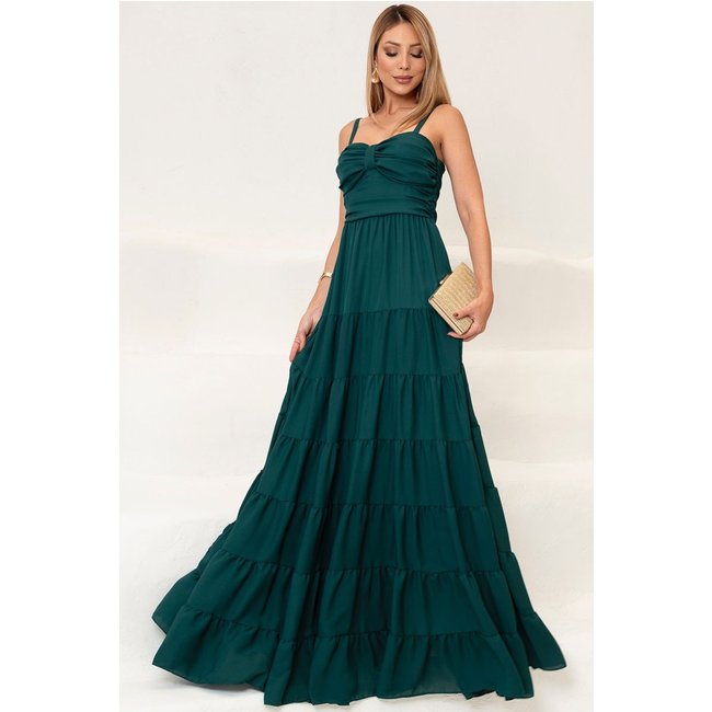 Vestido Maisa Longo Crepe C/Alca Detalhe Franzido Verde Escuro
