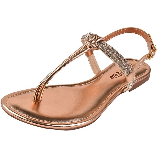 Rasteirinha Rosa Chic Calçados Sandália Flat Strass Cobre