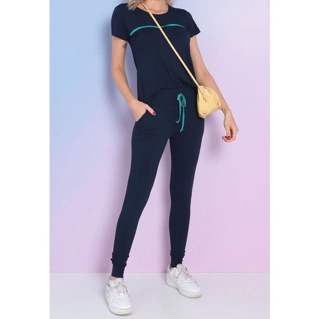 Conjunto Maria Paes Calça e Blusa Marinho com viés Verde