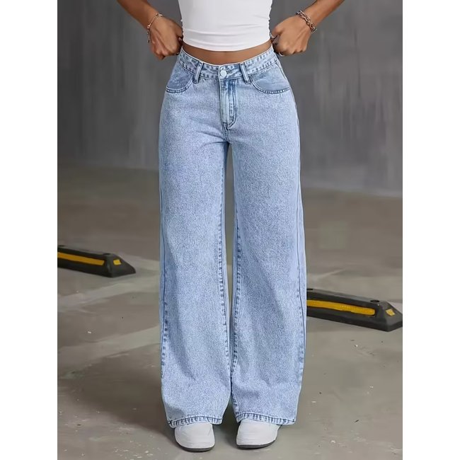 Calça Widleg Alpha Street Wear Jeans Feminina Casual e Confortavel Estilo Gringa Fashion Azul Claro