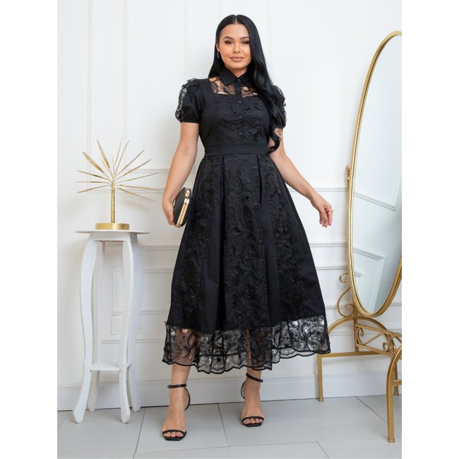 Vestido Feminino Midi Godê de Festa Social Gola Camisa de Renda Manga Princesa Preto