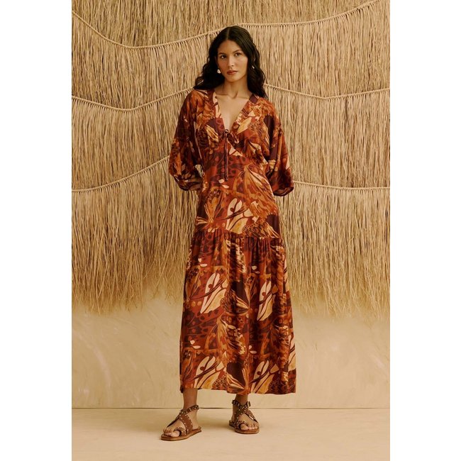 Vestido Midi Babados Estampado Borbo Boho