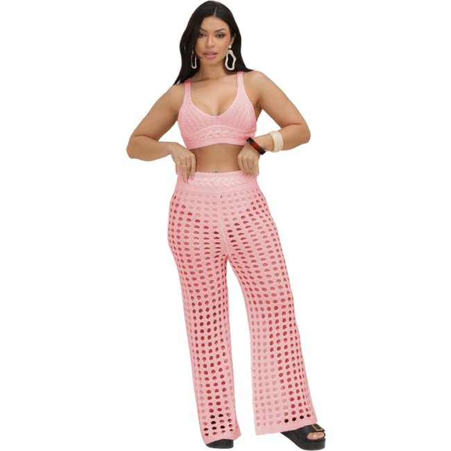 Conjunto Feminino Tricot 2 Peças Praia Verão Calça Rendada + Top