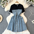 Women’s Clothing Two Piece Short Sleeved Round Neck Patchwork Waist Slimming Medium Length Denim Dress