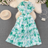 Women’s Clothing Gentle Style Floral Long Skirt Retro Temperament Short Sleeve Lapel Waist Slim A Line Floral Dress Summer