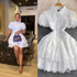 Summer Chic Lace Patchwork Dress For Women Puff Sleeve Lapel Tierred Ladies Dresses A-line Sweet Girls Vestidos Dropshipping