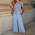 Women’s Vintage Denim Two Piece Set – Sleeveless Cropped Jacket & High Waist Wide Leg Jeans