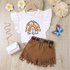 Baby Clothing Children’s and girls‘ solid color flying sleeve ruffled crew-neck printed whisker shorts belt three-piece set