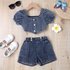 Baby Clothing Children’s dress Girls‘ summer ribbed collar lantern sleeve top floral design multi-button denim suit