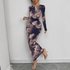 Women’s Clothing New Sexy Printed Slim Fitting Hip Wrapped Long Sleeved Pleated Round Neck Dress