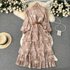 Women’s Stand-up Collar Mesh Long-sleeved Ruffle Printed Waistline Puffy Dress Spring And Autumn Lantern Sleeve Cake Long Dress
