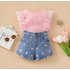 Foreign Trade Children’s Clothing Fashion Children’s Summer Clothing New Style Mesh Lace Sleeve Top Heart Denim Shorts Girls Suit